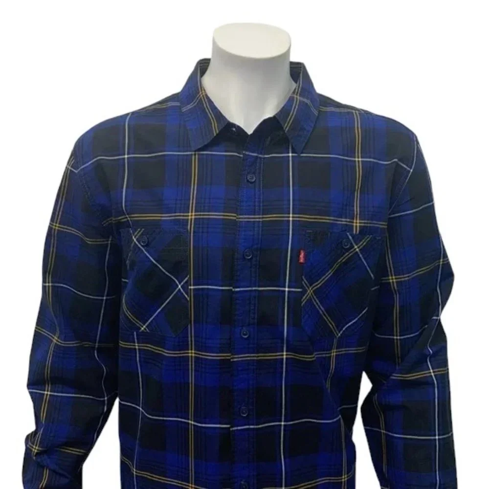 Levi's Strauss Blue Black Yellow Plaid Western Men's Long Sleeve Shirt XL EUC